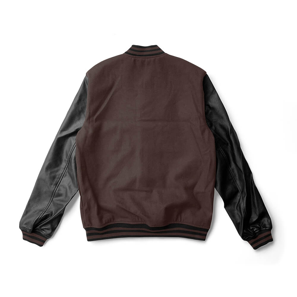 AngelJackets Brown Varsity Jacket with Black Leather Sleeves