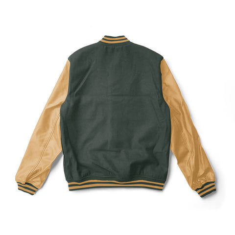 Forest Green Varsity Jacket Gold Leather Sleeves With Gold Stripes - Jack N Hoods