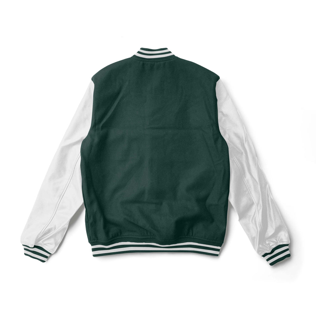 Detroit Cass Tech Half Moon Varsity Jacket Green w/ White Leather Sleeves