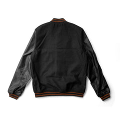 Black Varsity Jacket Black Leather Sleeves and Brown Stripes - Jack N Hoods