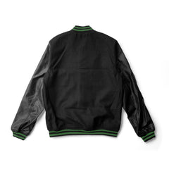 Black Varsity Jacket Black Leather Sleeves and Green Stripes - Jack N Hoods