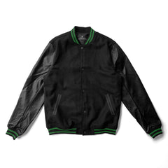 Black Varsity Jacket Black Leather Sleeves and Green Stripes - Jack N Hoods