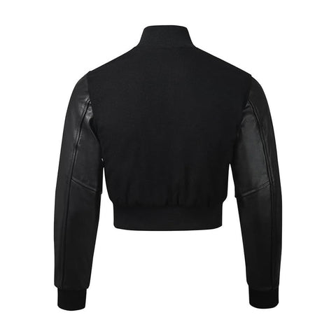 Women Black Crop Varsity Jacket with Black Leather Sleeves  - Jack N Hoods