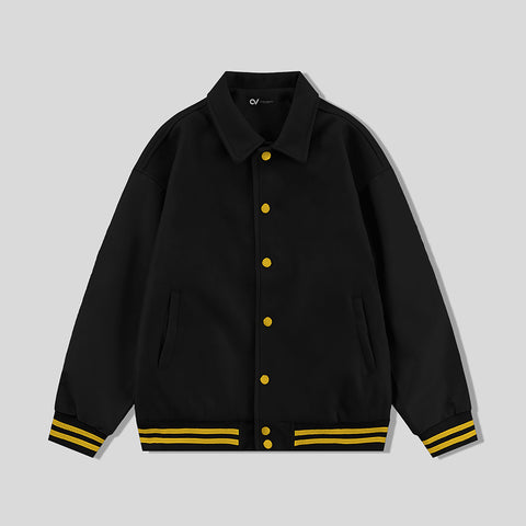 Black Byron Collar All Wool Varsity Jacket With Gold Stripes - Jack N Hoods