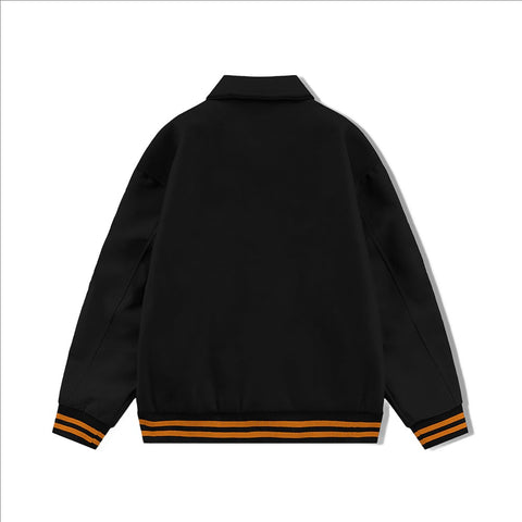 Black Collared Varsity Jacket Black Leather Sleeves Orange Stripes - Jack N Hoods