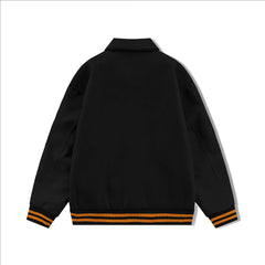 Black Byron Collar All Wool Varsity Jacket With Orange Stripes - Jack N Hoods