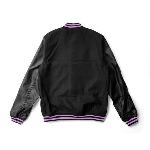 Black Varsity Jacket Black Leather Sleeves and Pink Stripes - Jack N Hoods