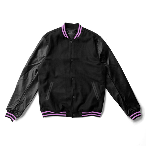 Black Varsity Jacket Black Leather Sleeves and Pink Stripes - Jack N Hoods