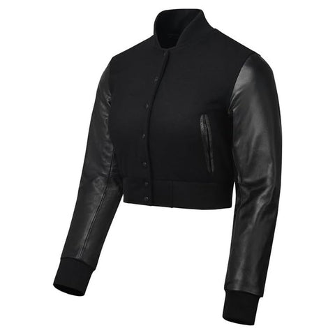 Women Black Crop Varsity Jacket with Black Leather Sleeves  - Jack N Hoods