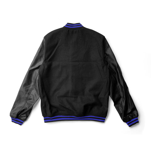 Black Varsity Jacket Black Leather Sleeves and Blue Stripes - Jack N Hoods