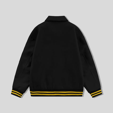 Black Collared Varsity Jacket Black Leather Sleeves Gold Stripes - Jack N Hoods