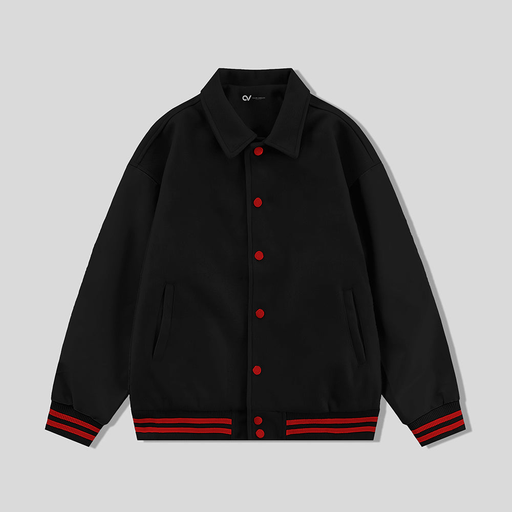 Black Collared Varsity Jacket Black Leather Sleeves Red Stripes - Jack N Hoods