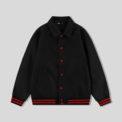 Black Byron Collar All Wool Varsity Jacket With Red Stripes - Jack N Hoods