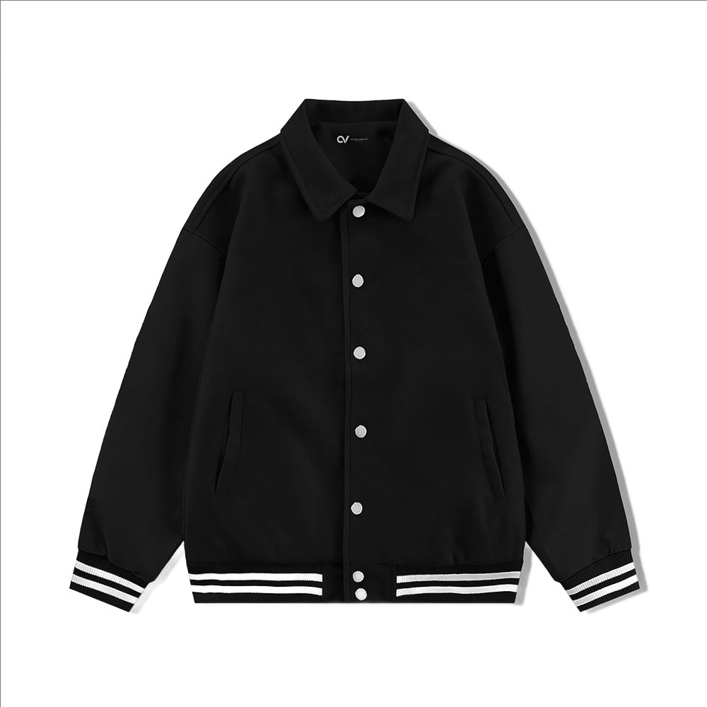 Black Byron Collar All Wool Varsity Jacket With White Stripes - Jack N Hoods