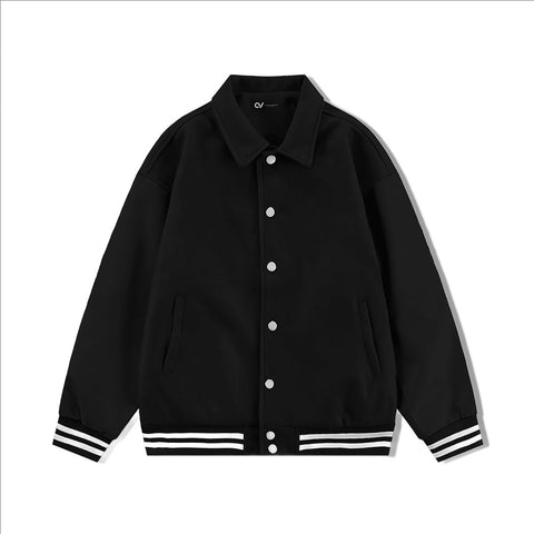 Black Collared Varsity Jacket Black Leather Sleeves White Stripes - Jack N Hoods