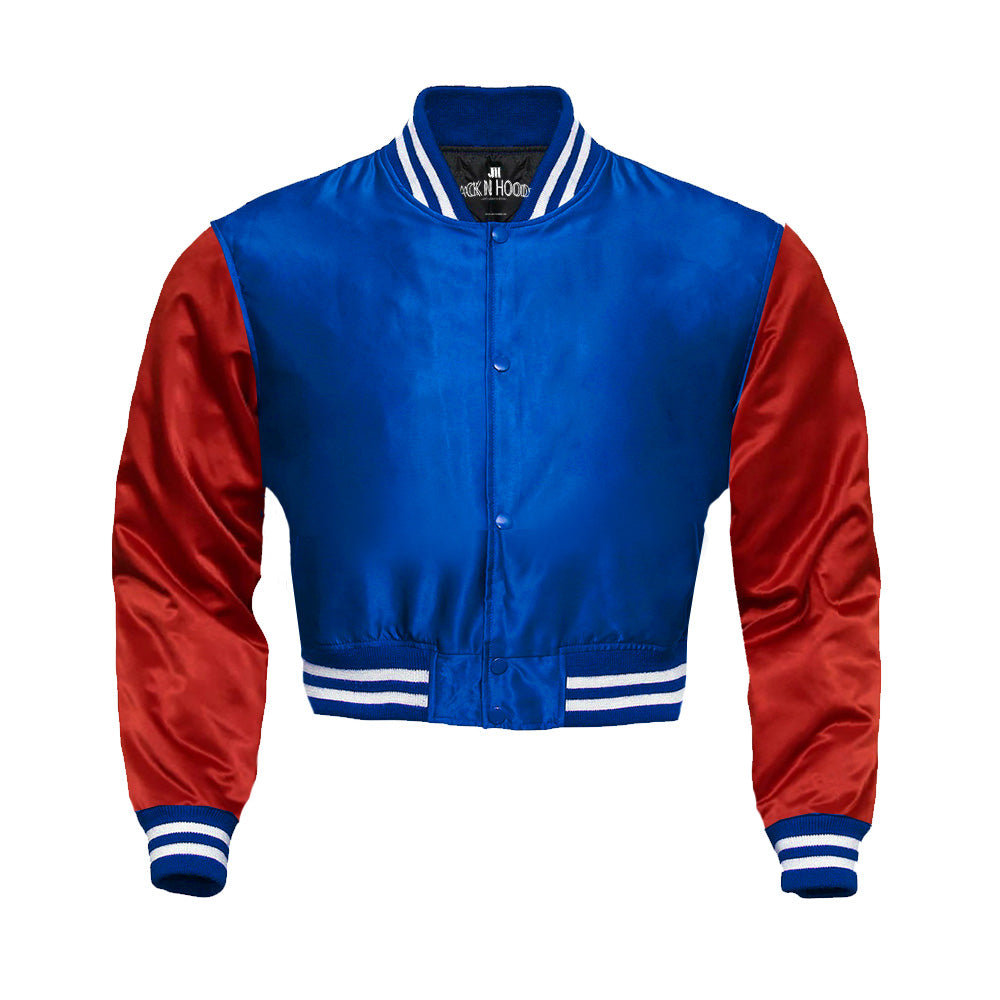 Blue Cropped Satin Full-Snap Varsity Jacket with Red Sleeves - Jack N Hoods