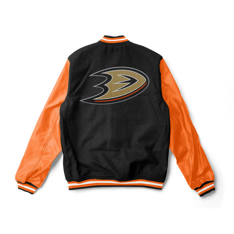 Anaheim Ducks Black and Orange Varsity Jacket - NHL Varsity Jacket - Jack N Hoods