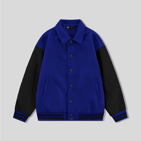 Royal Blue Collared Varsity Jacket Black Leather Sleeves - Jack N Hoods