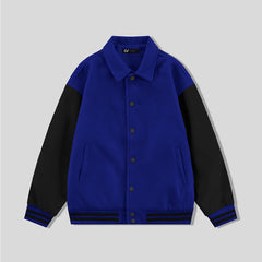 Royal Blue Collared Varsity Jacket Black Leather Sleeves - Jack N Hoods