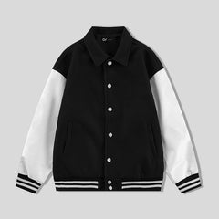 Black Collared Varsity Jacket White Leather Sleeves - Jack N Hoods