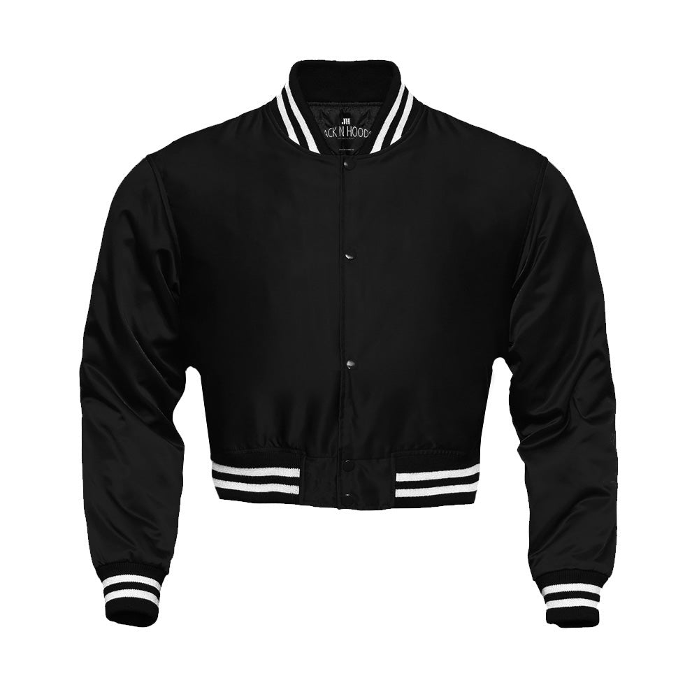 Black Cropped Satin Full-Snap Varsity Jacket - Jack N Hoods