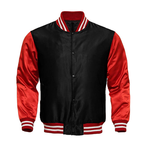 Black Satin Full-Snap Varsity Jacket with Red Sleeves - Jack N Hoods