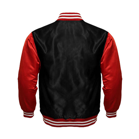 Black Satin Full-Snap Varsity Jacket with Red Sleeves - Jack N Hoods