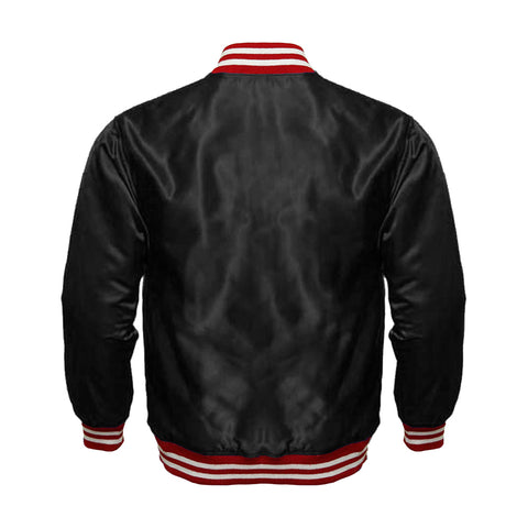 Black Satin Full-Snap Varsity Jacket with Red Rib - Jack N Hoods