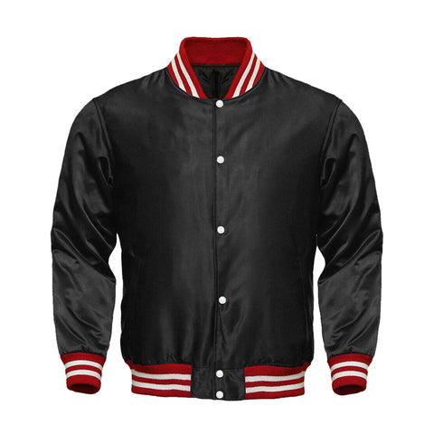 Black Satin Full-Snap Varsity Jacket with Red Rib - Jack N Hoods