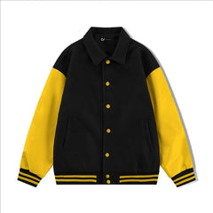 Black Collared Varsity Jacket Gold Leather Sleeves - Jack N Hoods