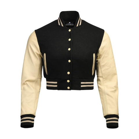 Women Black Crop Varsity Jacket with Cream Leather Sleeves  - Jack N Hoods