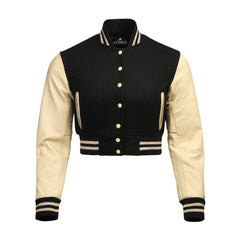 Women Black Crop Varsity Jacket with Cream Leather Sleeves  - Jack N Hoods