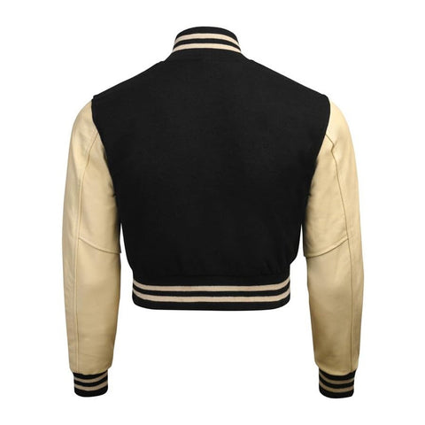 Women Black Crop Varsity Jacket with Cream Leather Sleeves  - Jack N Hoods