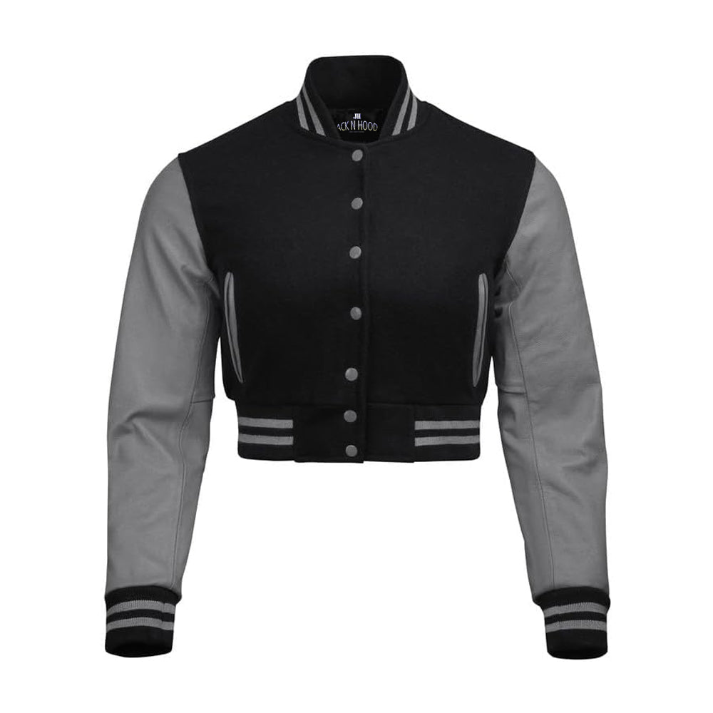 Women Black Crop Varsity Jacket with Gray Leather Sleeves  - Jack N Hoods