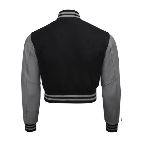 Women Black Crop Varsity Jacket with Gray Leather Sleeves  - Jack N Hoods