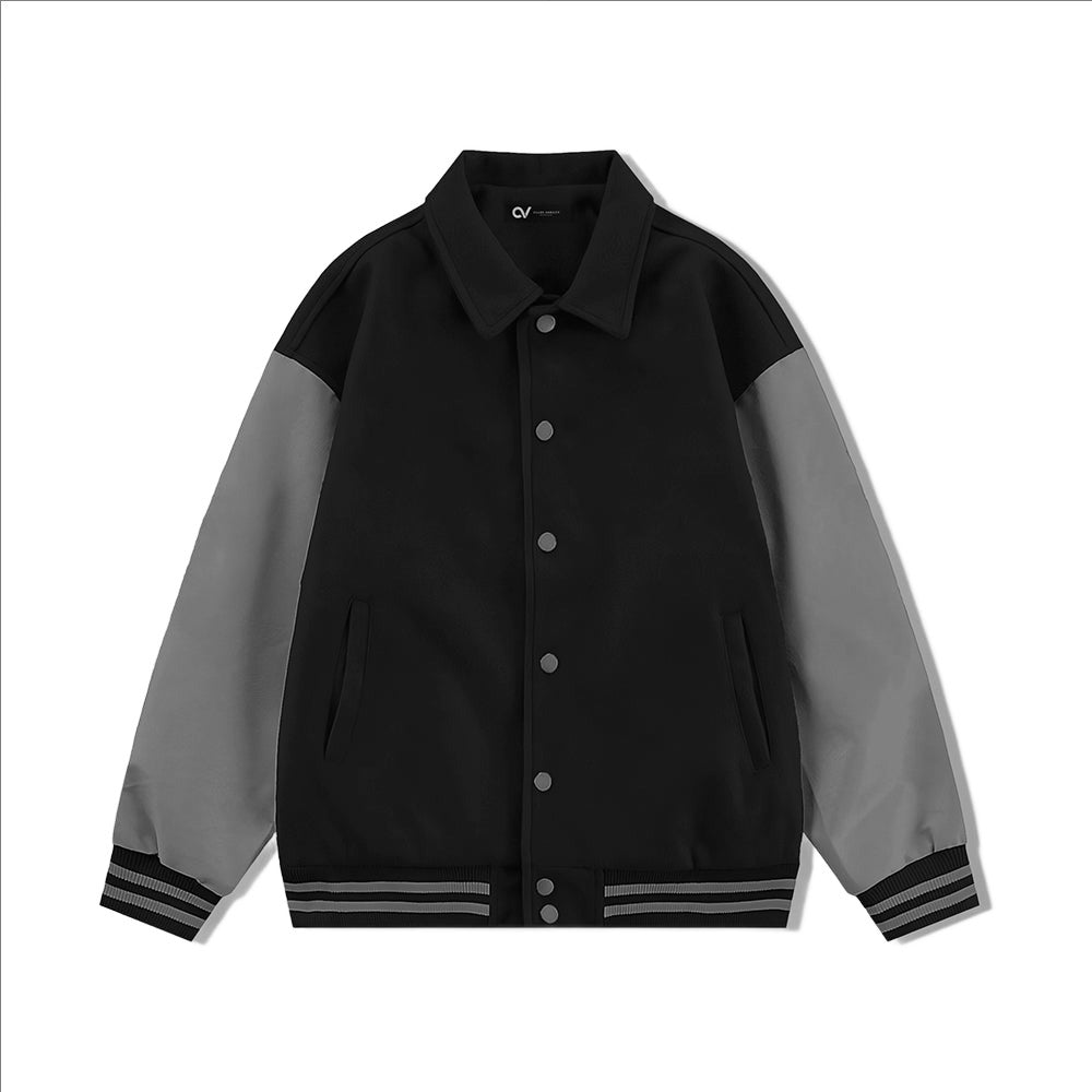 Black Collared Varsity Jacket Gray Leather Sleeves - Jack N Hoods
