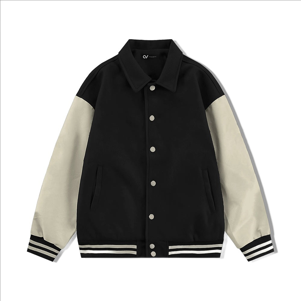 Black Collared Varsity Jacket Cream Leather Sleeves - Jack N Hoods