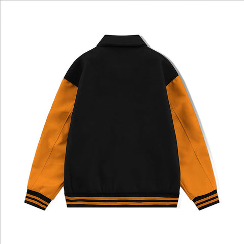 Black Byron Collar Varsity Jacket with Orange Sleeves - Jack N Hoods