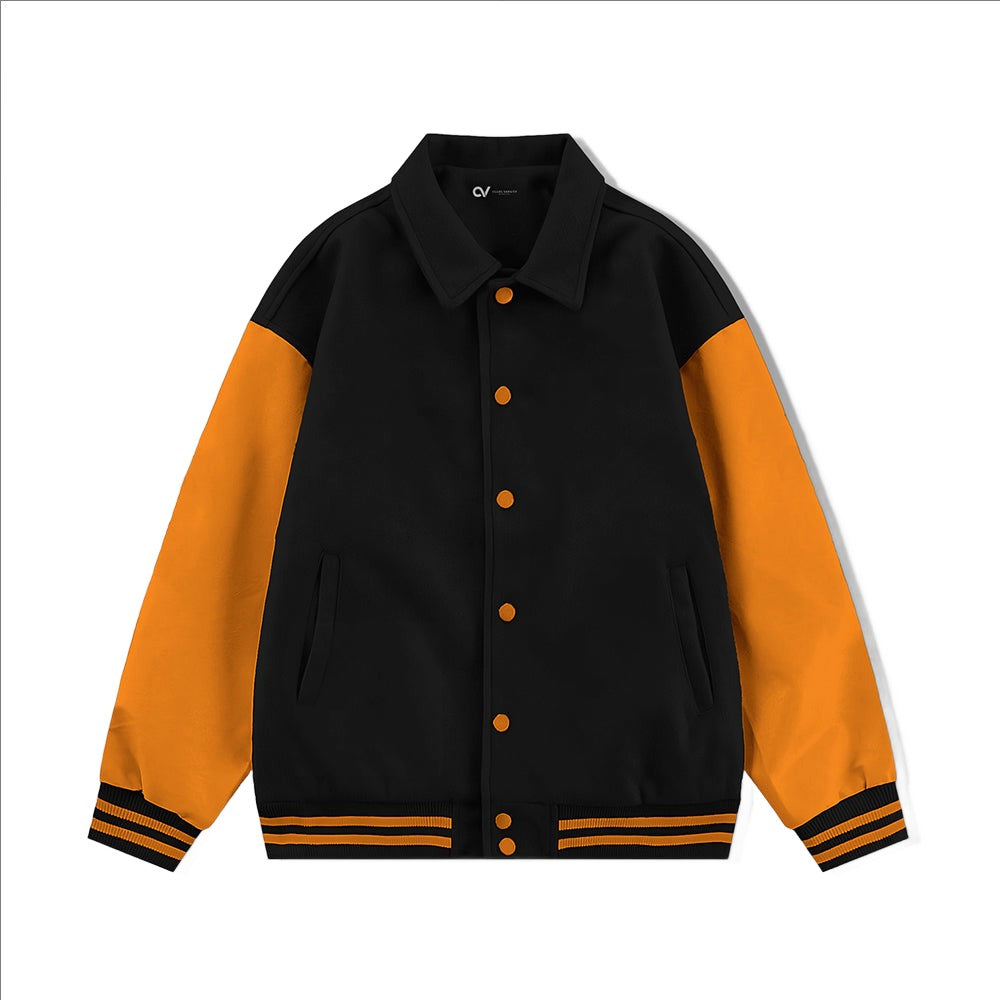 Black Collared Varsity Jacket Orange Leather Sleeves - Jack N Hoods