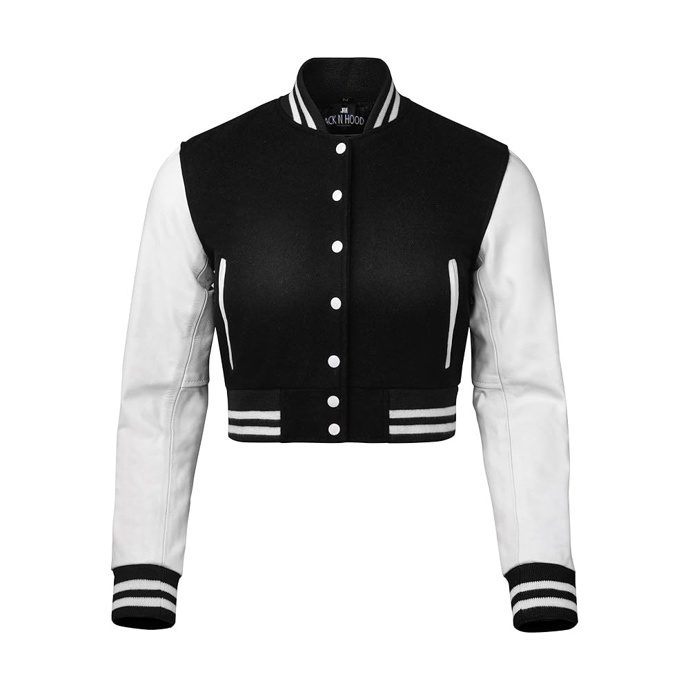 Women Black Crop Varsity Jacket with White Leather Sleeves  - Jack N Hoods