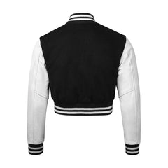 Women Black Crop Varsity Jacket with White Leather Sleeves  - Jack N Hoods