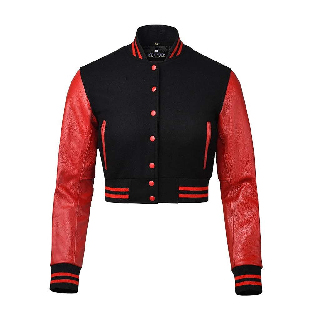 Women Black Crop Varsity Jacket with Red Leather Sleeves  - Jack N Hoods