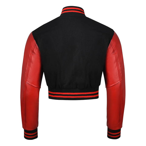 Women Black Crop Varsity Jacket with Red Leather Sleeves  - Jack N Hoods