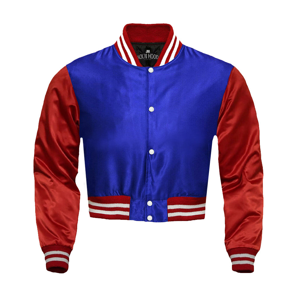 Blue Cropped Satin Full-Snap Varsity Jacket with Red Sleeves - Jack N Hoods