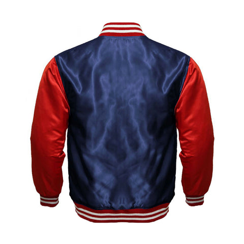 Navy Blue Satin Full-Snap Varsity Jacket with Red Sleeves - Jack N Hoods