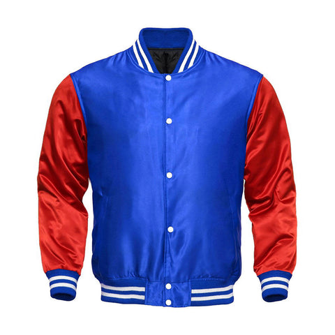 Blue Satin Full-Snap Varsity Jacket with Red Sleeves - Jack N Hoods