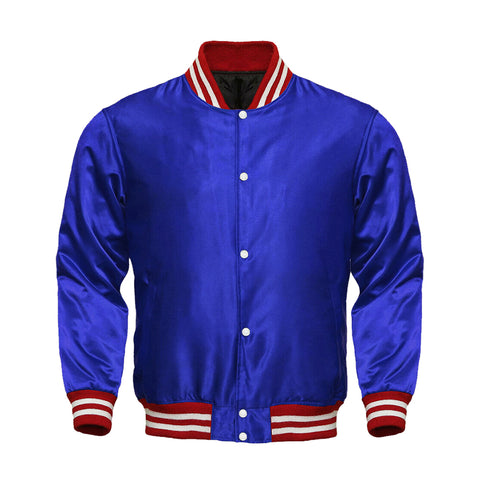 Blue Satin Full-Snap Varsity Jacket with Red Rib - Jack N Hoods