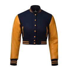 Women Navy Blue Crop Varsity Jacket with Gold Leather Sleeves  - Jack N Hoods