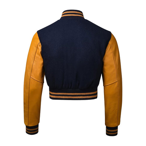 Women Navy Blue Crop Varsity Jacket with Gold Leather Sleeves  - Jack N Hoods