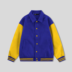 Blue Collared Varsity Jacket Gold Leather Sleeves - Jack N Hoods
